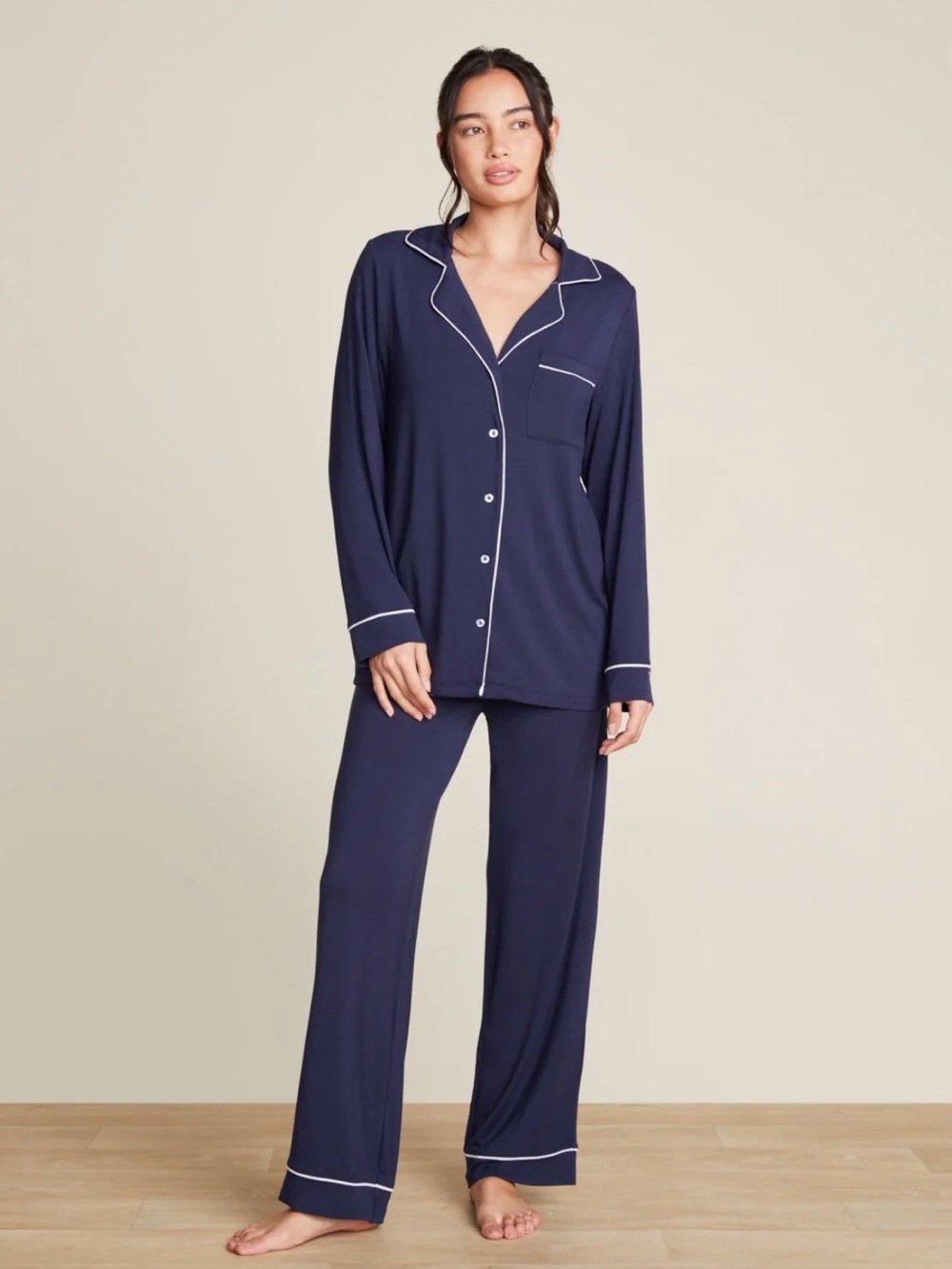 Barefoot Dreams Navy Pajama Set with White Piping Trim